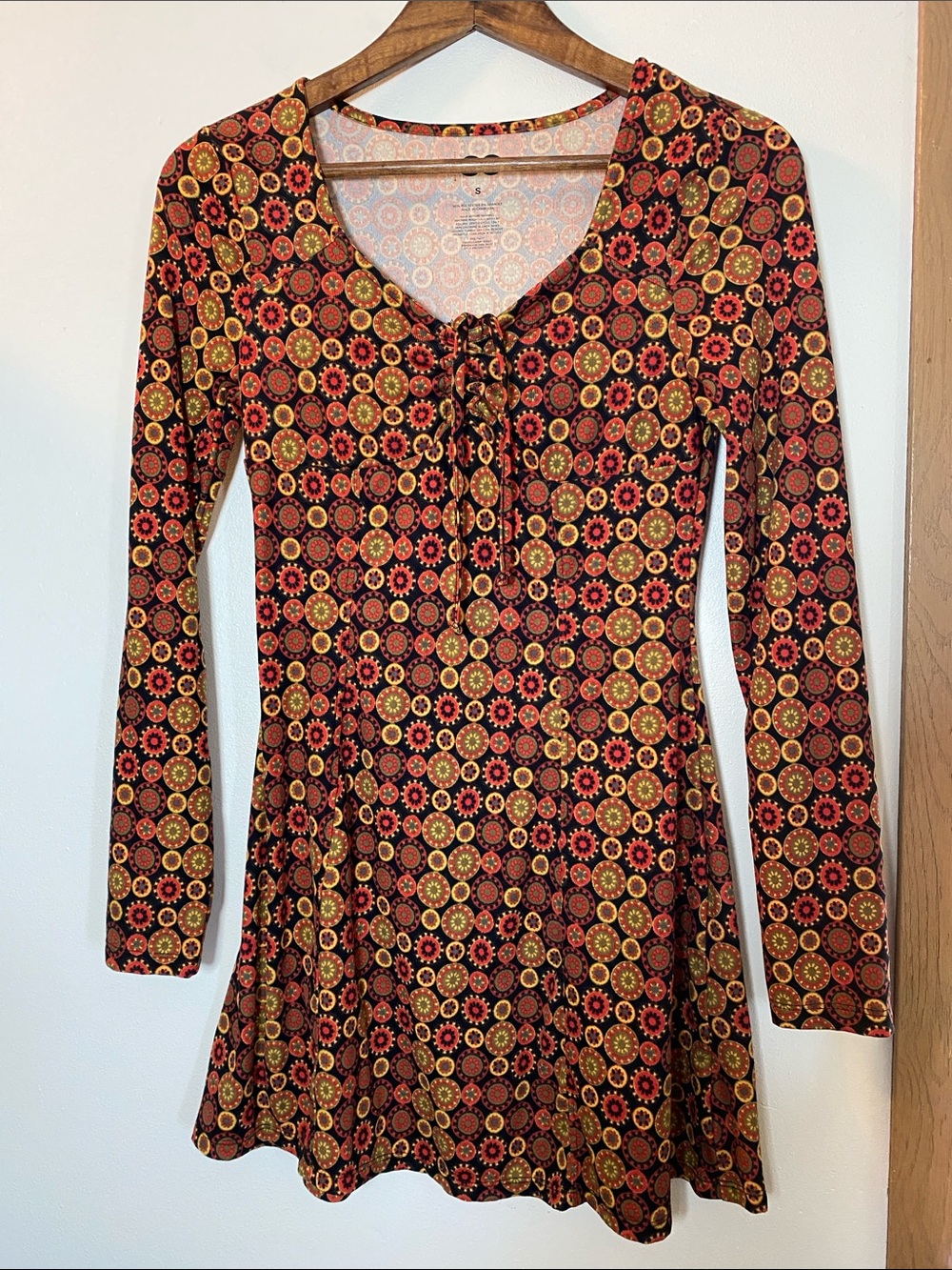 SO Long-Sleeve Scoop Dress with Red, Yellow and Black Medallion Print
